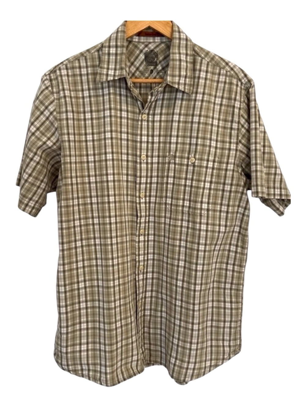 Timberland 100% cotton plaid button down shirt beige brown short sleeve medium